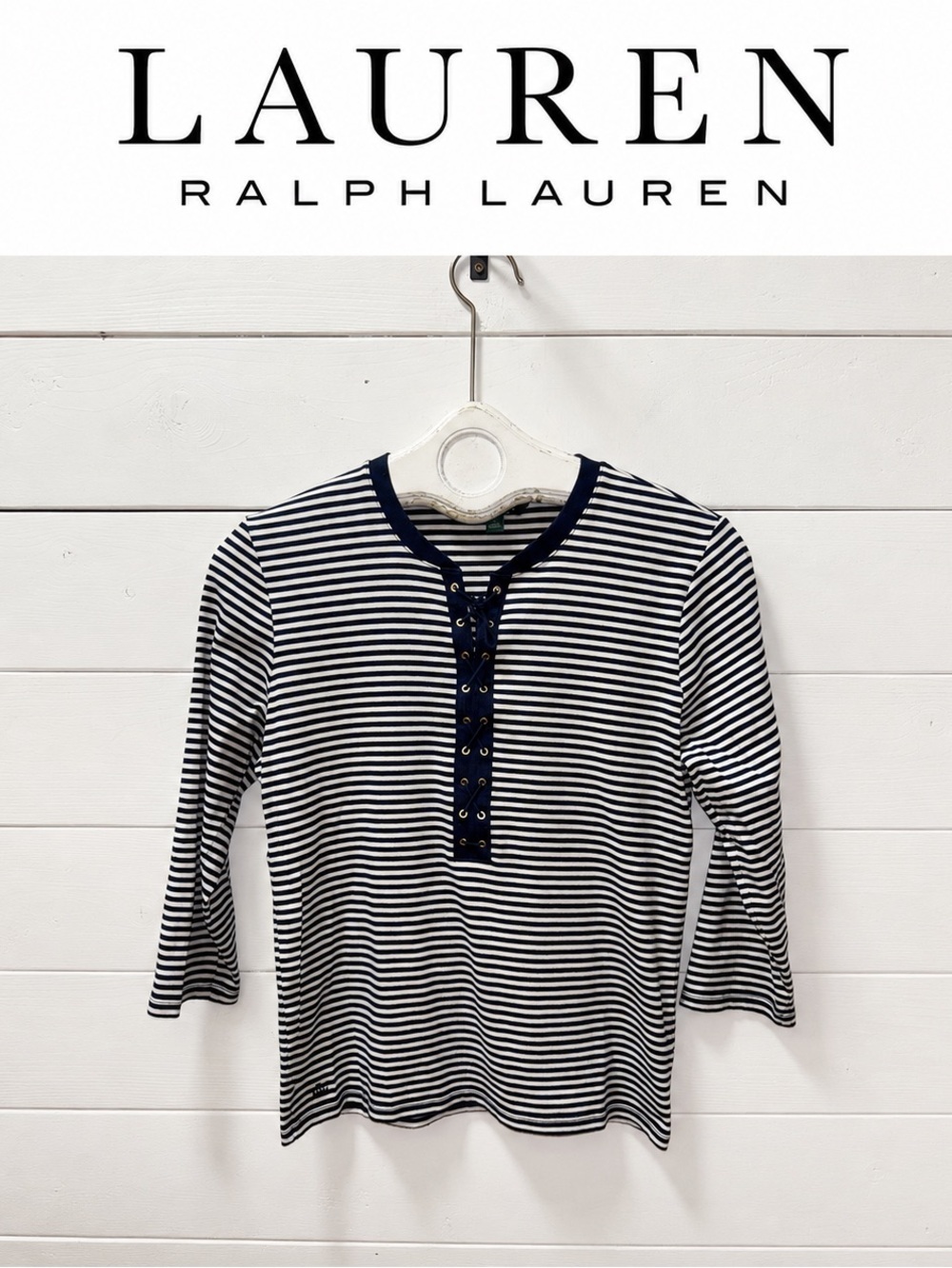 Lauren Ralph Lauren Navy & White Striped Lace-Up Top – Size Large